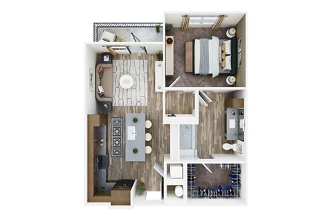 a stylized floor plan of a house with a bedroom and living room